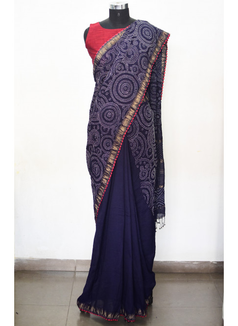 Navy Blue, Handwoven Organic Cotton, Textured Weave , Tie & dye, Occasion Wear, Jari, Rai Bandhani Saree